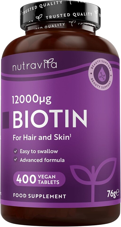 image 1 of Nutravita Biotin Hair Growth Supplement 12,000mcg - High Strength Vitamin B7 Biotin Pills 12000UG - Supports Skin & Hair Growth - 400 Vegan Tablets