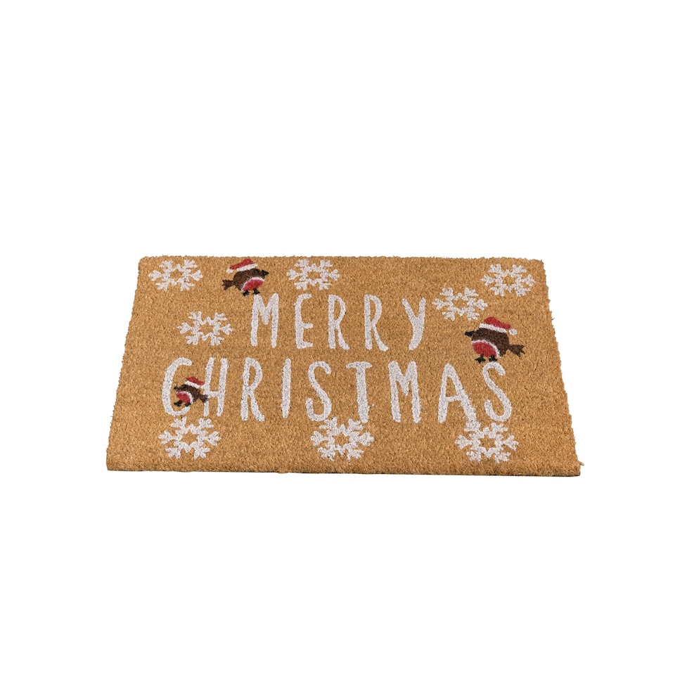 image 1 of Merry Christmas Robin Detail PVC Backed Coir Door Mat 60cm X 40cm