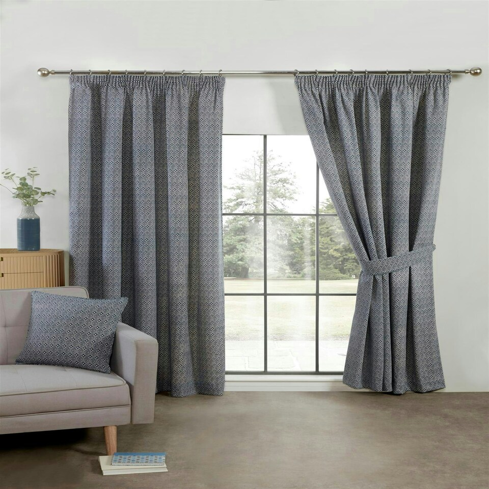 image 1 of Aztec Pencil Pleat Curtain Pair - Blue - 229cm x 137cm