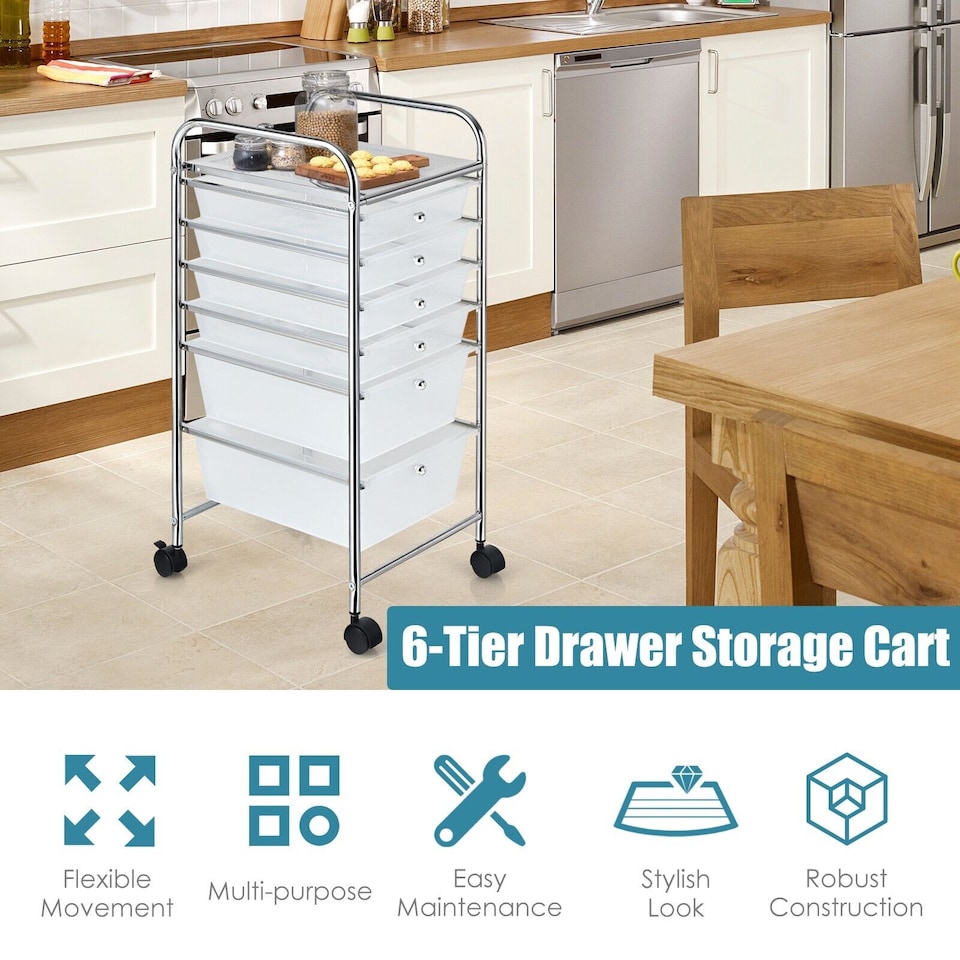 image 1 of COSTWAY 6-Drawer Multipurpose Mobile Rolling Utility Multi