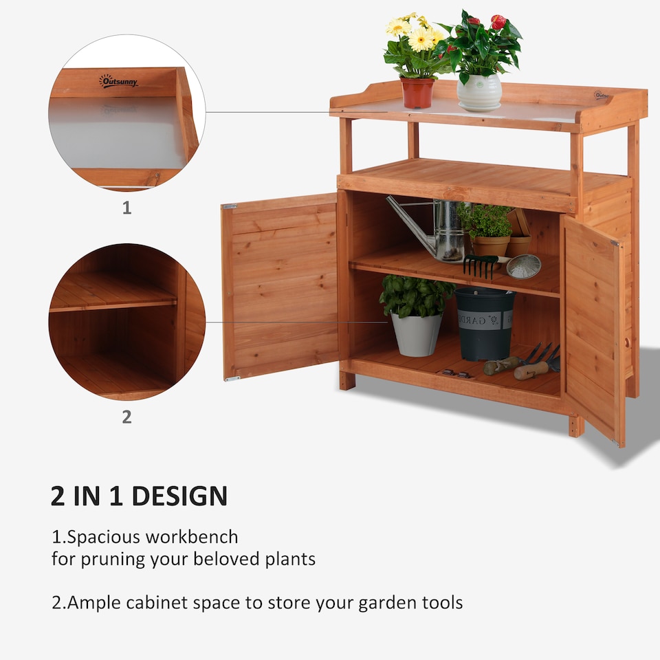 image 1 of Outsunny 2 In 1 Potting Bench Table w/ Storage Cabinet and Galvanized Table Top