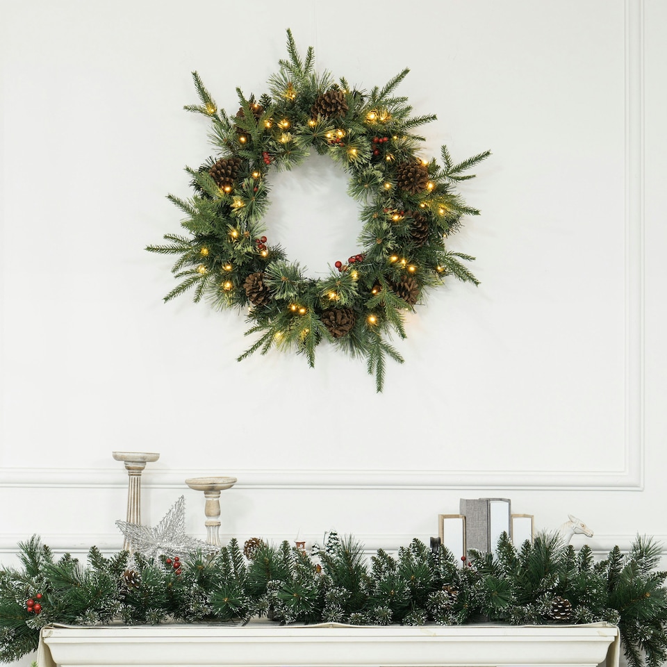 image 1 of HOMCOM 60cm Christmas Wreath with LED Lights Pine Cones Red Berries Green