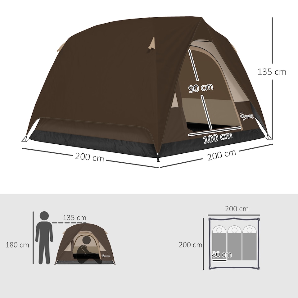 image 1 of Outsunny 3-4 Person Camping Tent, Easy Set Up, Waterproof Dome Tent, Brown
