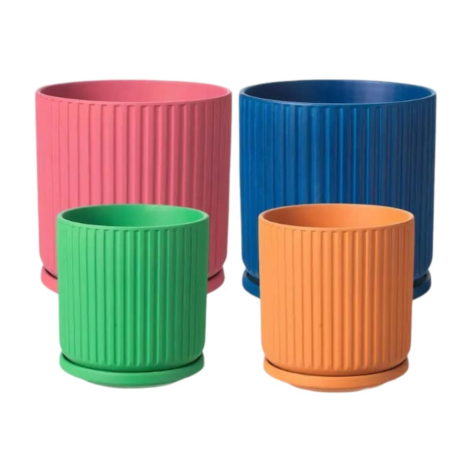 image 1 of Ceramic Ribbed Indoor Plant Pot and Saucer Rosa - H17.5cm