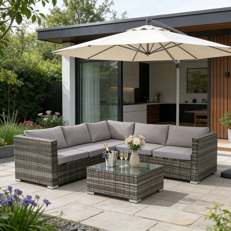 image 1 of Alivio 5-Seater PE Rattan Patio Corner Sofa Set with Table, Anti-UV Cushions