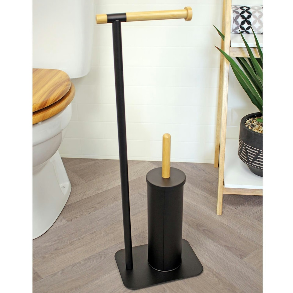 image 1 of Showerdrape Sonata Black & Bamboo Toilet Roll Holder & Toilet Brush Combination