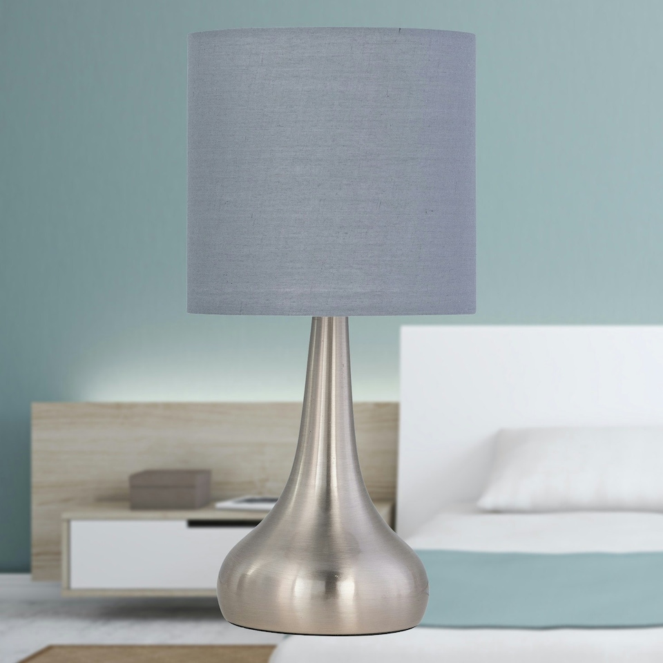 image 1 of Set of 2 Romana - Brushed Chrome Touch Operated Table Lamps Bedside Lights Grey Cotton Shade Silver | Grey