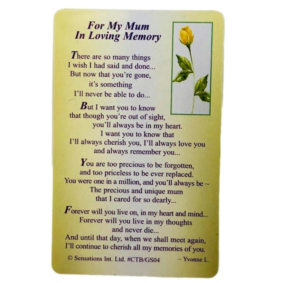image 1 of For My Mum In Loving Memory...Wallet Card (Sentimental Keepsake Wallet / Purse Card)