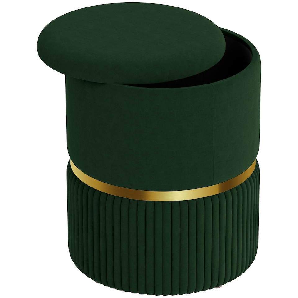 image 1 of HOMCOM Round Pouffe, Storage Footstool with Cushioned Top, Dark Green Green