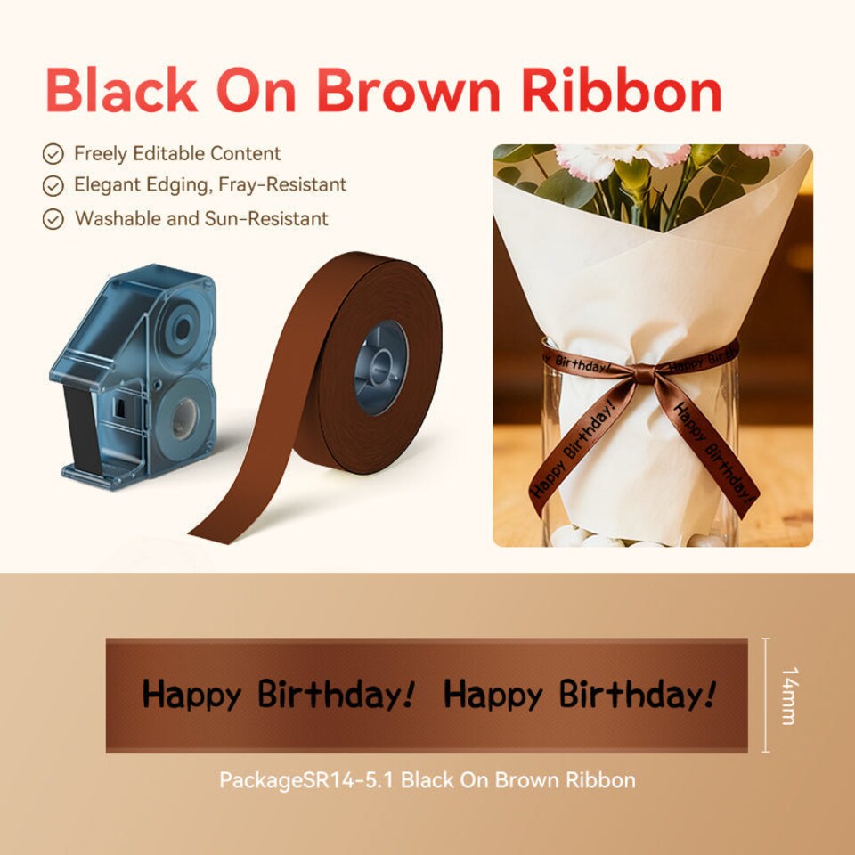 NB729 - Niimbot - N1 - Satin Ribbon Set Package - 14mmX5.1M - Black On Brown