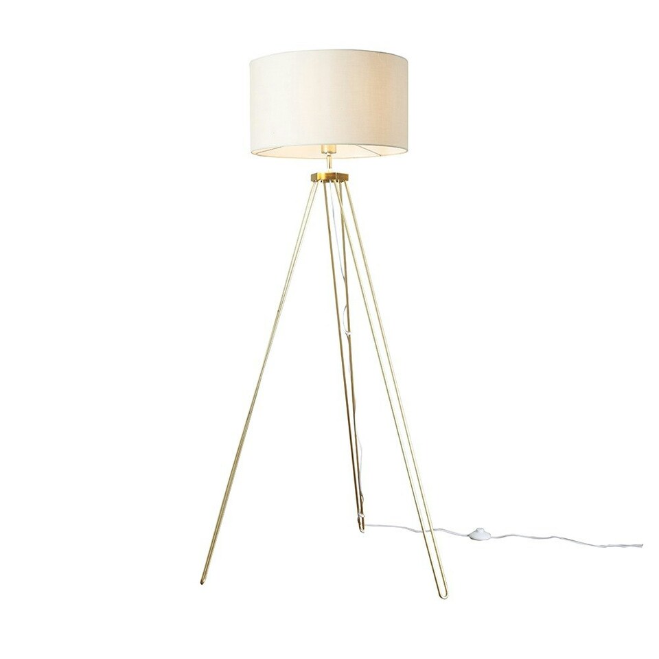image 1 of ValueLights Aero Polished Gold Floor Lamp with Large Natural Drum Shade and LED Bulb
