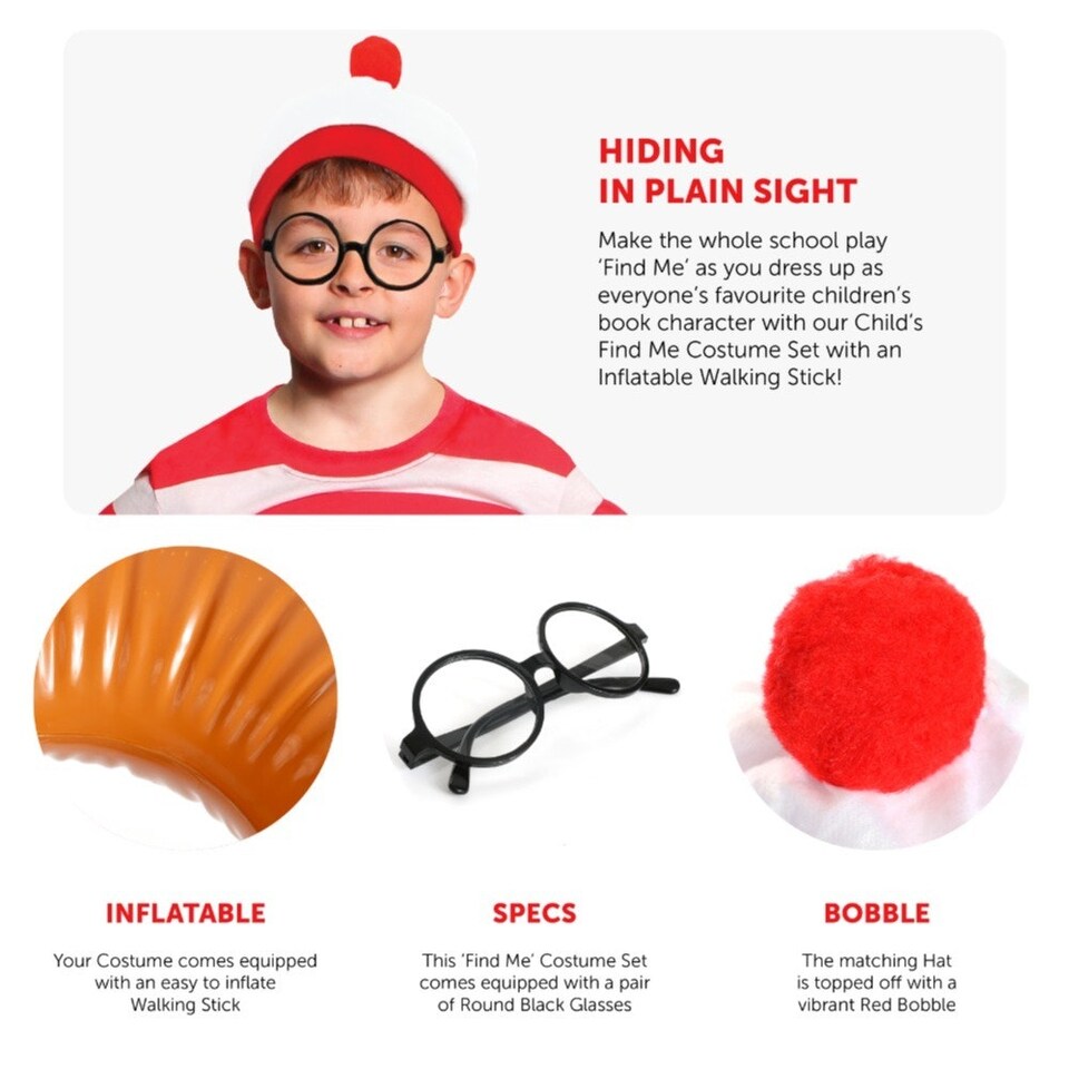image 1 of Find Me - Top, Hat, Glasses & Stick - Wheres Wally Inspired Costume Red | XL