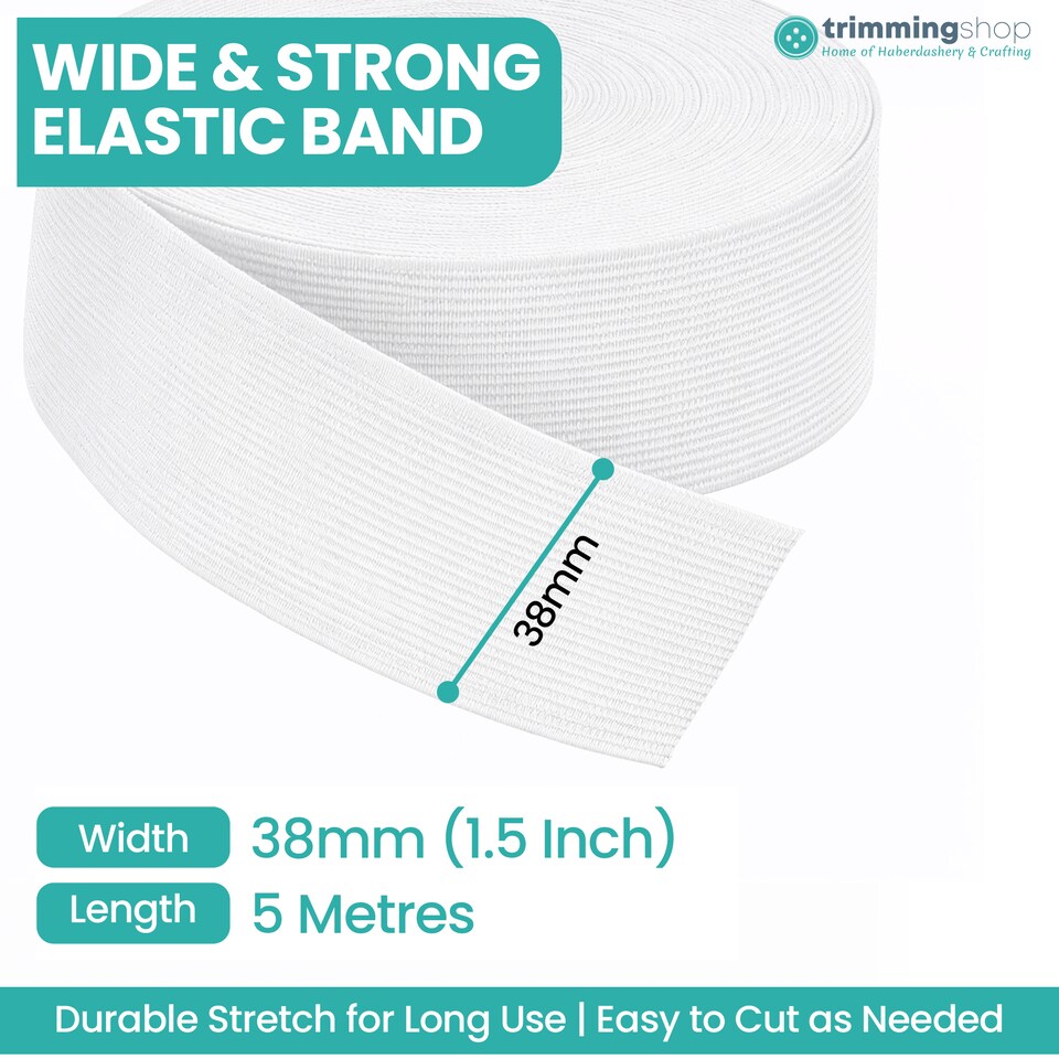 image 1 of 38mm White Wide Flat Elastic Band, Polyester Waistband Tape Cord - 5M