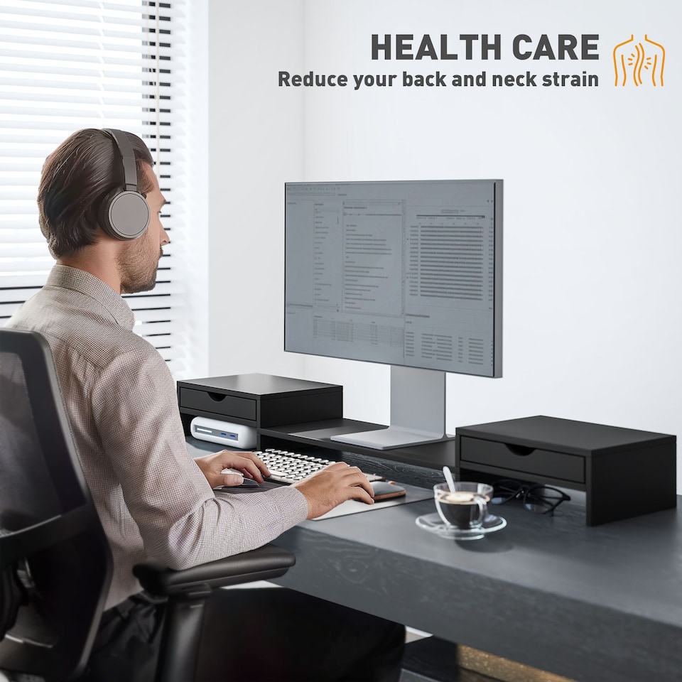 image 1 of HOMCOM Dual Monitor Stand Riser with 2 Drawers, Adjustable Length and Angle, 116cm Monitor Riser for Laptop, Computer, PC, Small Printer, Black