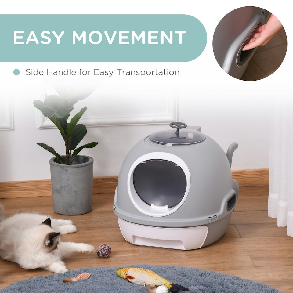 image 1 of PawHut Futuristic Capsule-Shaped Cat Litter Box w/ 2 Doors Scoop Drawer Grey