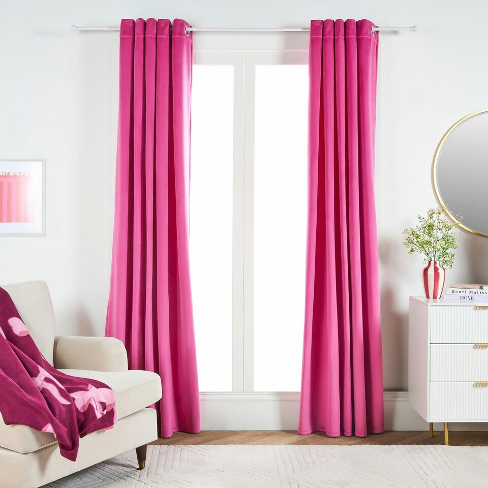 image 1 of OHS Soft Velvet Plain Dyed Thermal Insulated Panel Pair Eyelet Curtains, 66x72" Pink