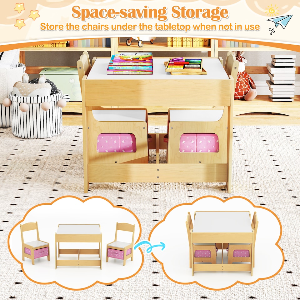 image 1 of COSTWAY Kids Multifunctional Table and 2 Chairs Set Pink