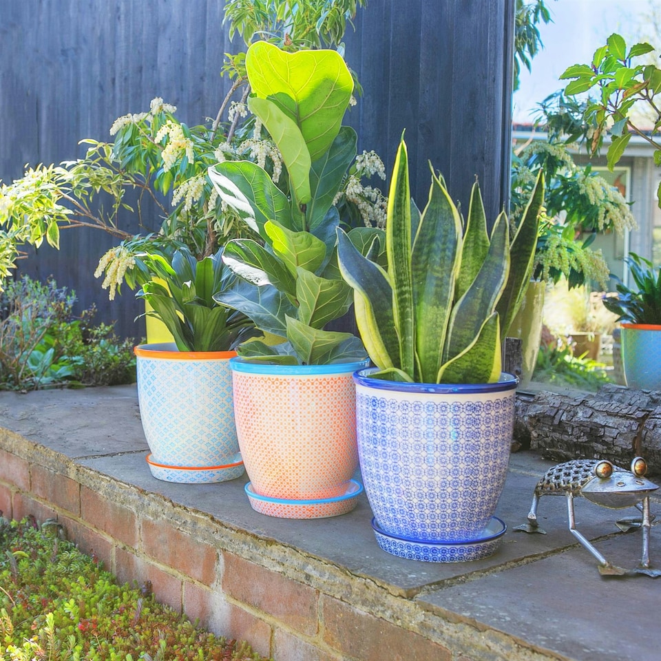 image 1 of Nicola Spring Hand Printed Plant Pot with Saucer - 22cm - Navy Blue