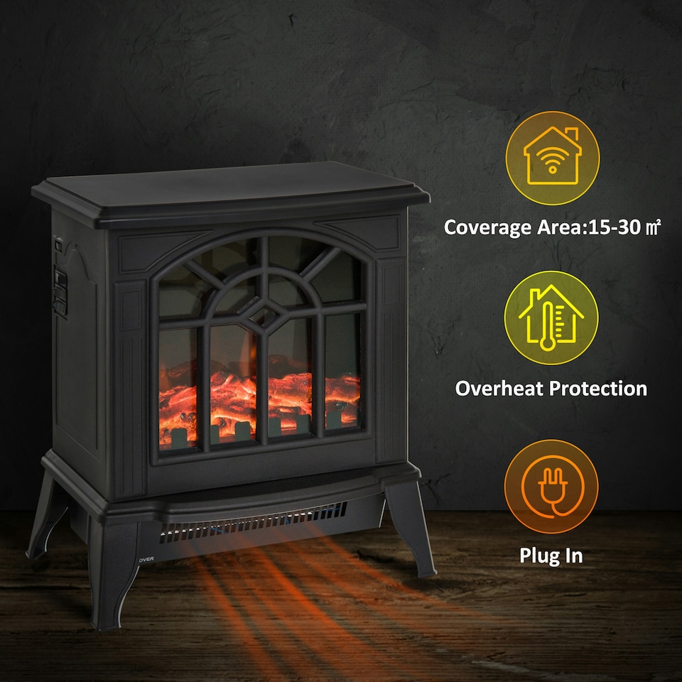 image 1 of HOMCOM Freestanding Electric Fireplace Heater w/ LED Flame 1000W/2000W Black