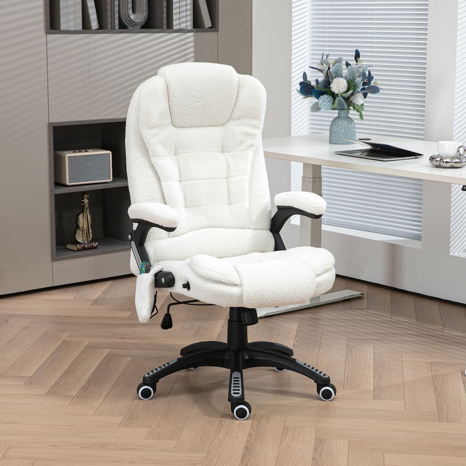 image 1 of Vinsetto Office Chair, Ergonomic Desk Chair with 6-Point Massage and Back Heated, Boucle-Feel Fabric Computer Gaming Chair with Arms, Lumbar Support, White
