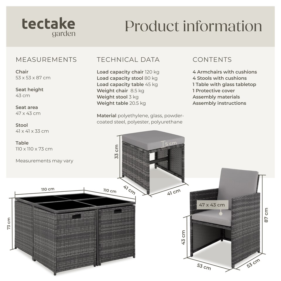 image 1 of Garden Table and Chairs Bilbao - 8 seats, weather & UV-resistant, rain cover | Grey | grey | 53 x 53 x 87 cm | 1