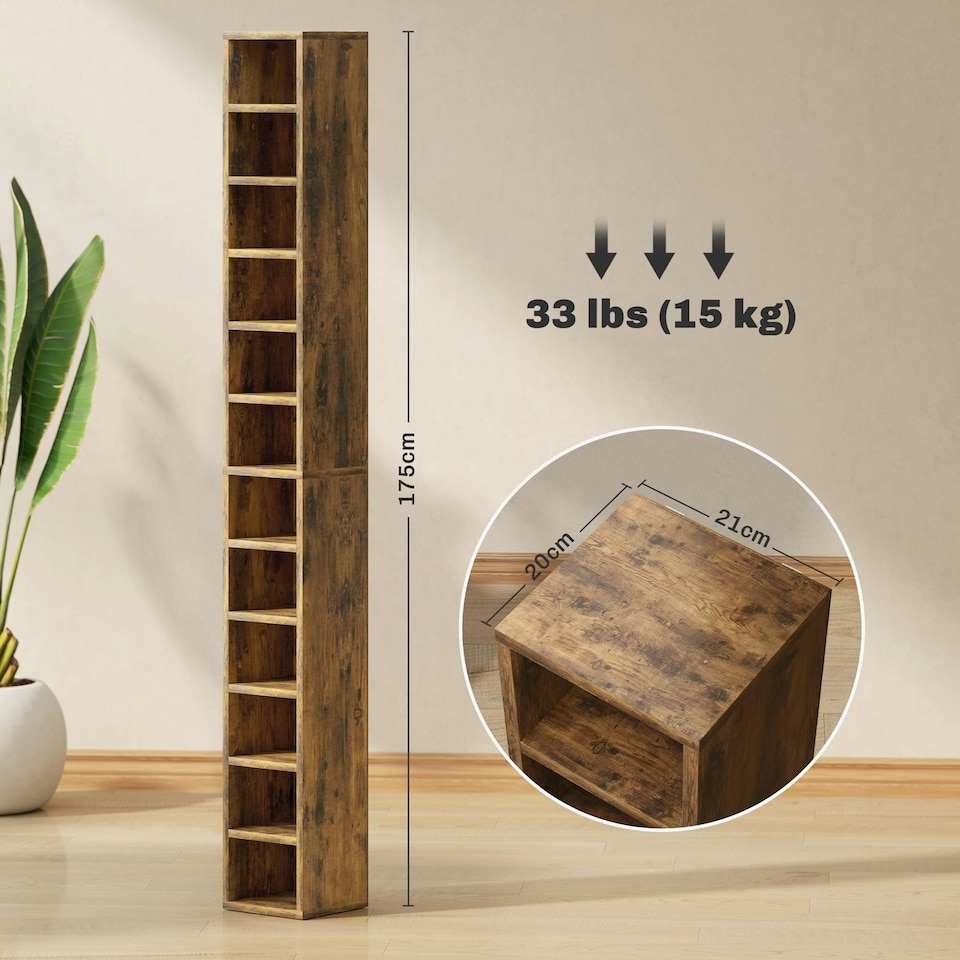 image 1 of HOMCOM 204 CD Storage Tower Tall Bookcase Bookshelf with Cubes Rustic Brown