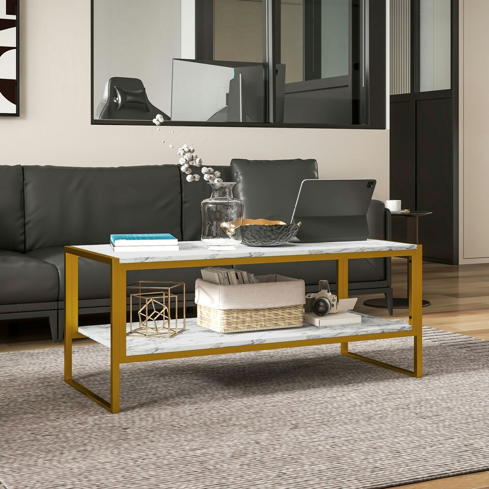 image 1 of HOMCOM Two-Tier Coffee Table with Marble Effect Shelf and Metal Frame White