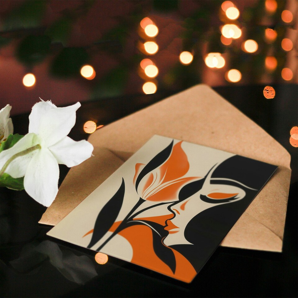 image 1 of Bold Minimal Lady Kissing Rose Flower Him Her Birthday Card