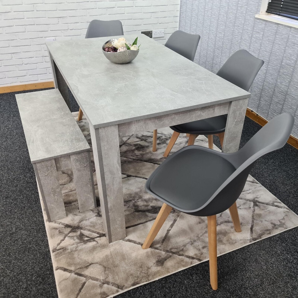 image 1 of Stone Grey Effect Dining Table with Bench and 4 Grey Plastic Chairs Dining Room Furniture Set | Grey | One Size | 6