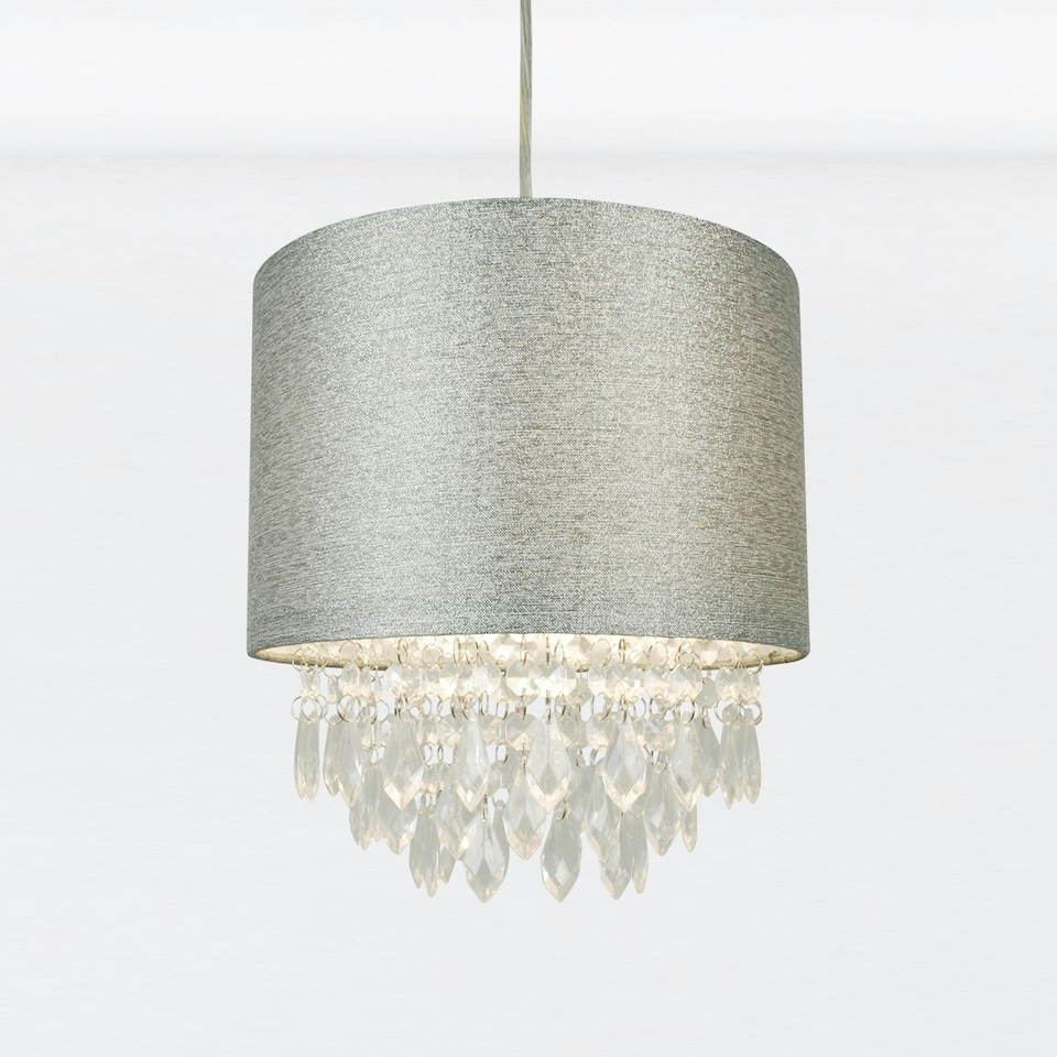 image 1 of First Choice Lighting Set of 2 Sparkle Grey Faux Silk Jewelled Easy Fit Light Shades Grey | Clear