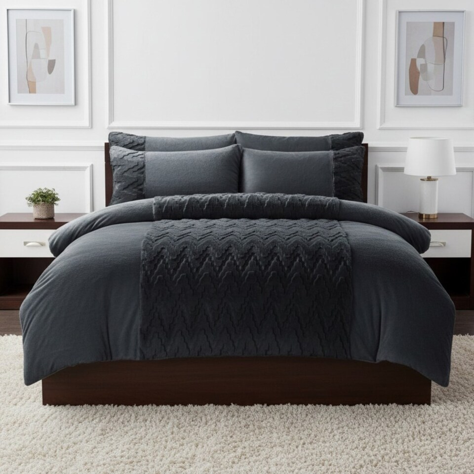 image 1 of Zig Zag 3D Teddy Duvet Cover Set Ultra Soft Teddy Fleece Bedding with Pillowcases | Grey | King