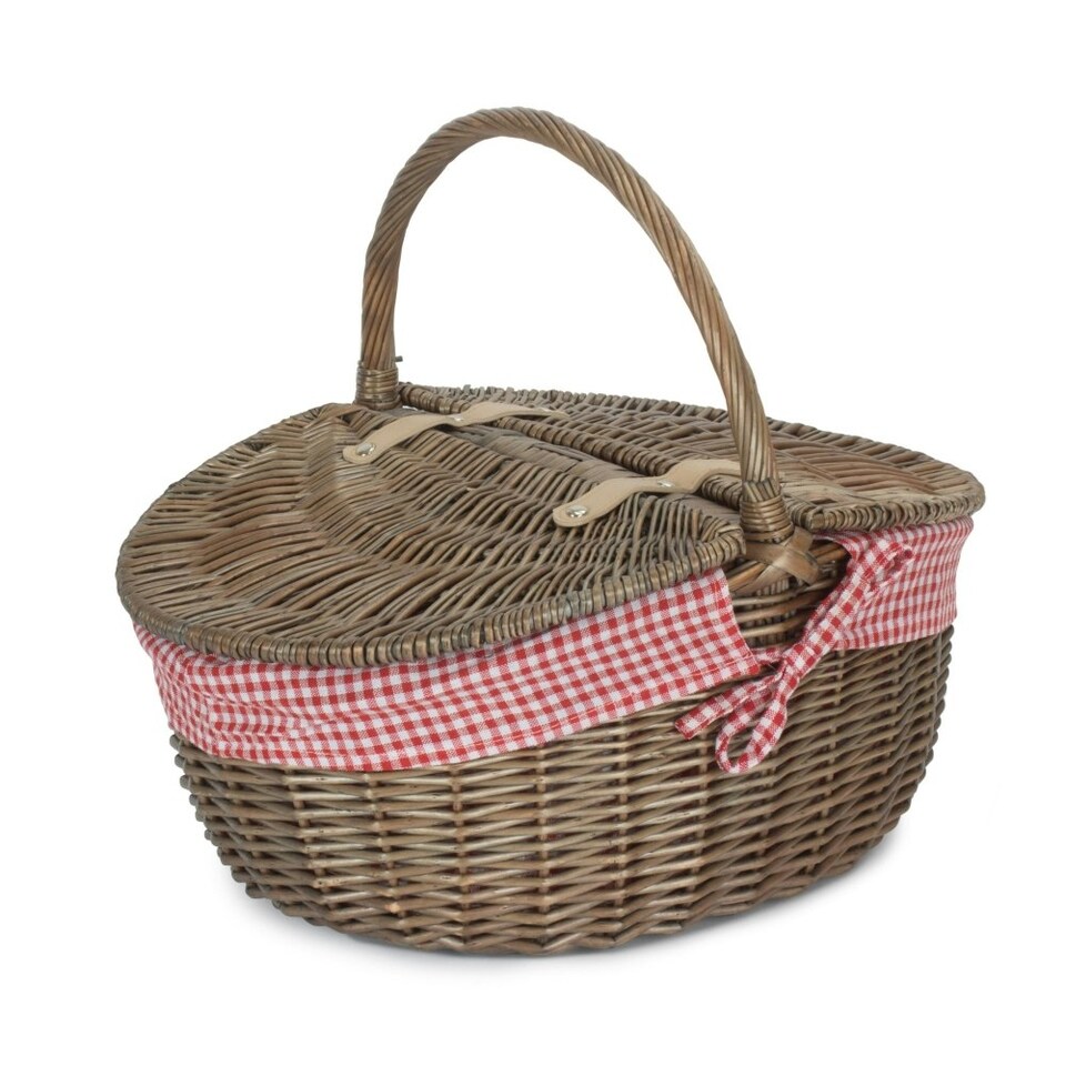 image 1 of Antique Wash Finish Oval Lined Picnic Basket Blue | Navy Blue | One Size