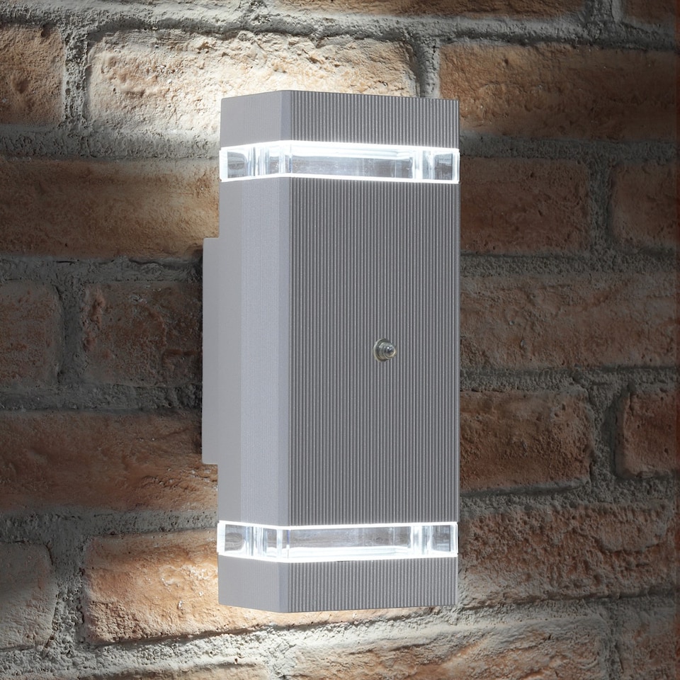 image 1 of Auraglow Dusk Till Dawn Sensor Double Up & Down Wall Light - THRUXTON | Silver | Silver/Cool White
