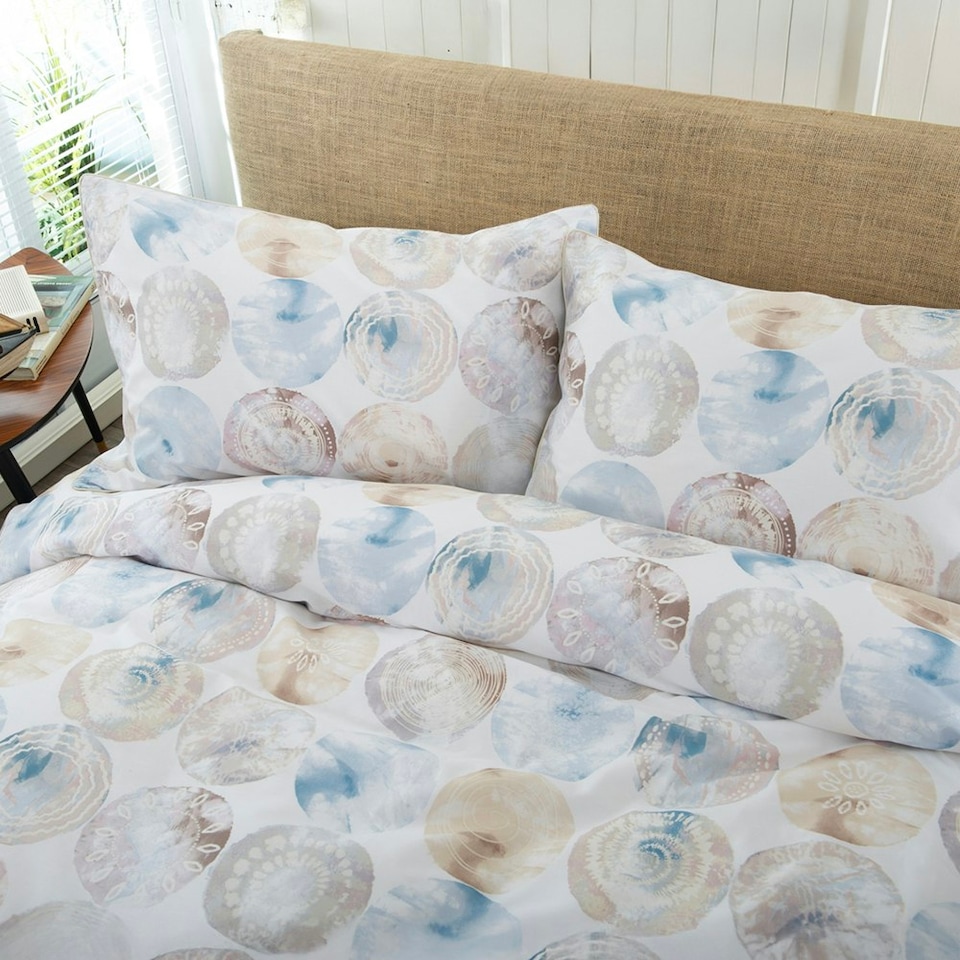 image 1 of Shell Mother of Pearl 100% Cotton Duvet Cover Set – Iridescent Shell Design with Piped Edges White | King