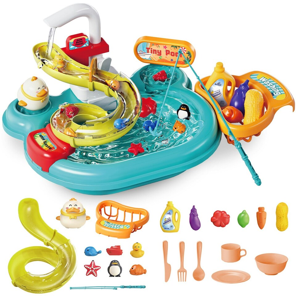 image 1 of Kids Water Play Sink with Fishing Game, Slide, and Accessories