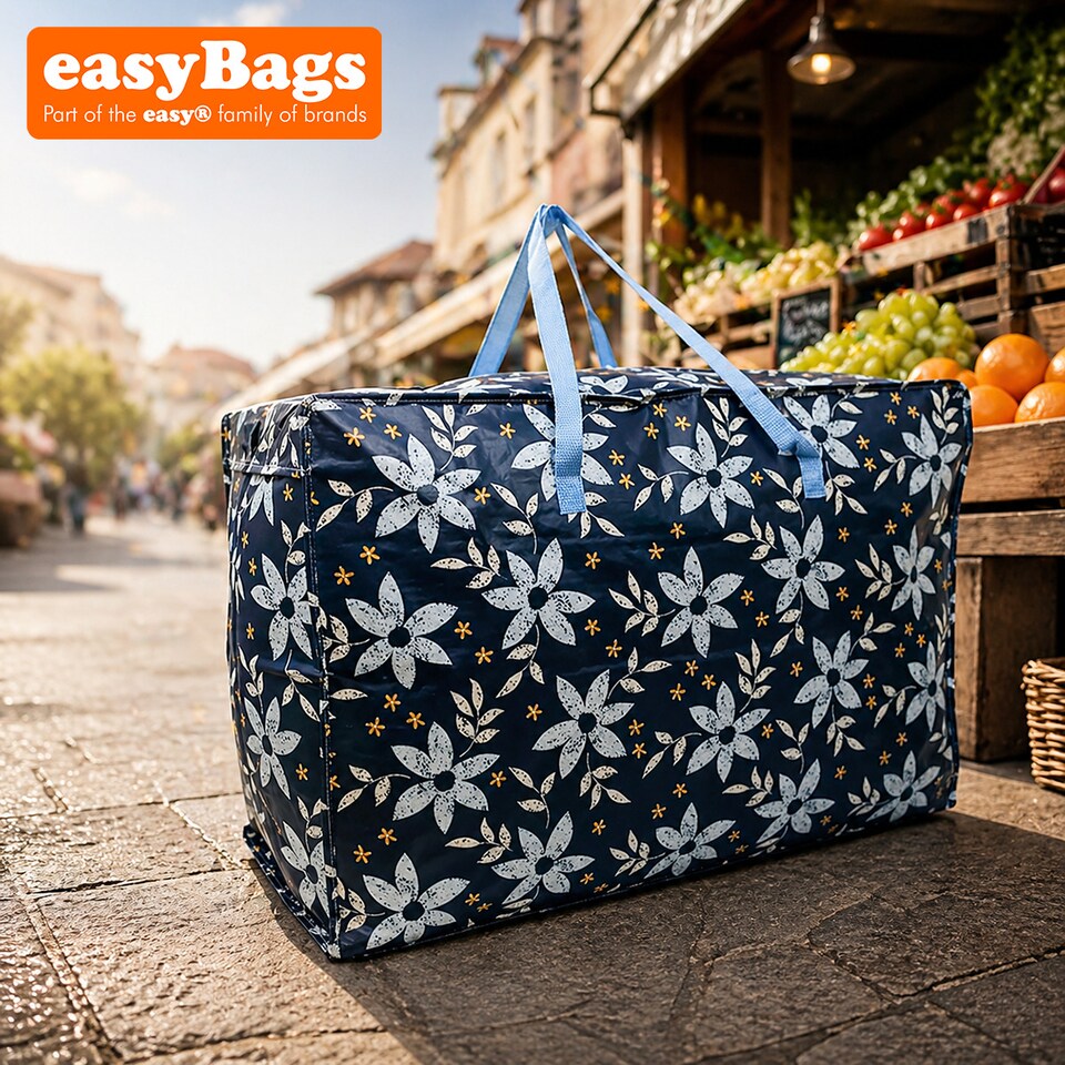 image 1 of Extra Large Jumbo Reusable Laundry/Shopping/Storage Bag with Zip Blue Flower