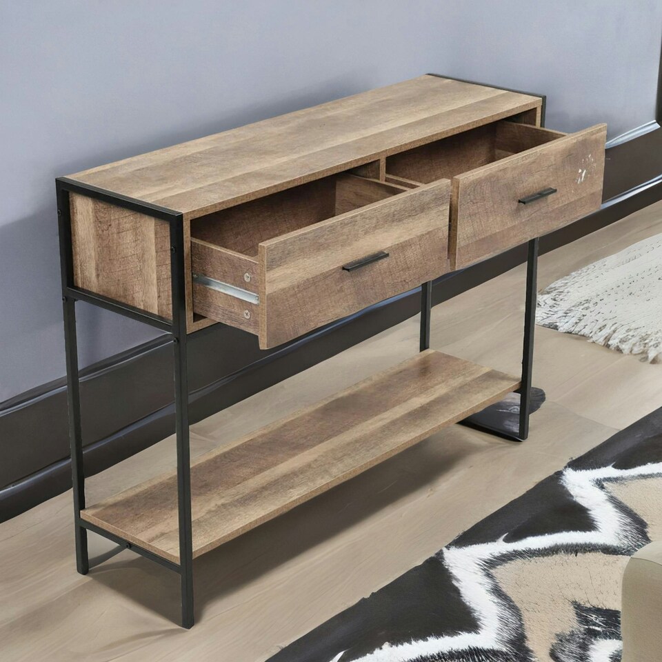 image 1 of Industrial Console Table With 2 Drawers & Storage Shelf Brown