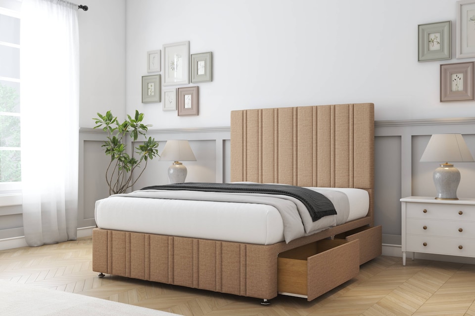 image 1 of Sloomy Langston Latte Dumfries Divan Bed With Mattress 2 Drawers Footend With 26" Strutted Headboard & 12" Matching Footboard 5' King | Brown | Latte | King | 1
