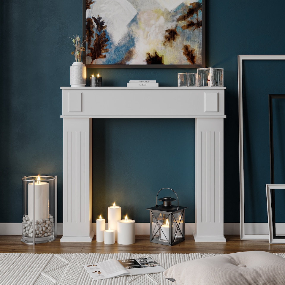 image 1 of Fireplace Storage Cabinet 3-Door Mantelpiece Shelf with 6 Compartments | White | 25 x 117 x 19 | 1