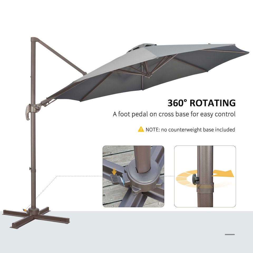 image 1 of Outsunny 3m Cantilever Parasol 360 Rotation Roma Umbrella Hanging Sun Shade with Aluminium Frame, Tilt Crank, 8 Ribs and Cross Base, Dark Grey