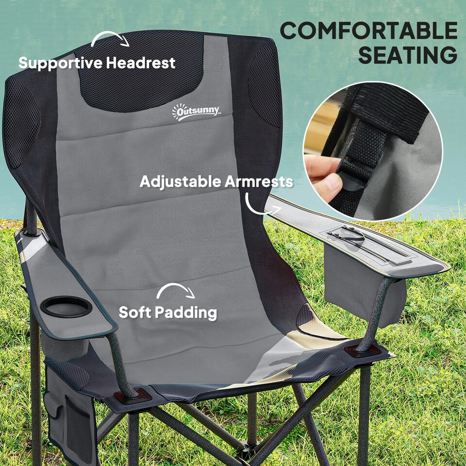 image 1 of Outsunny Set of 2 Padded Folding Picnic Chairs with Cooler Bag Grey | Grey