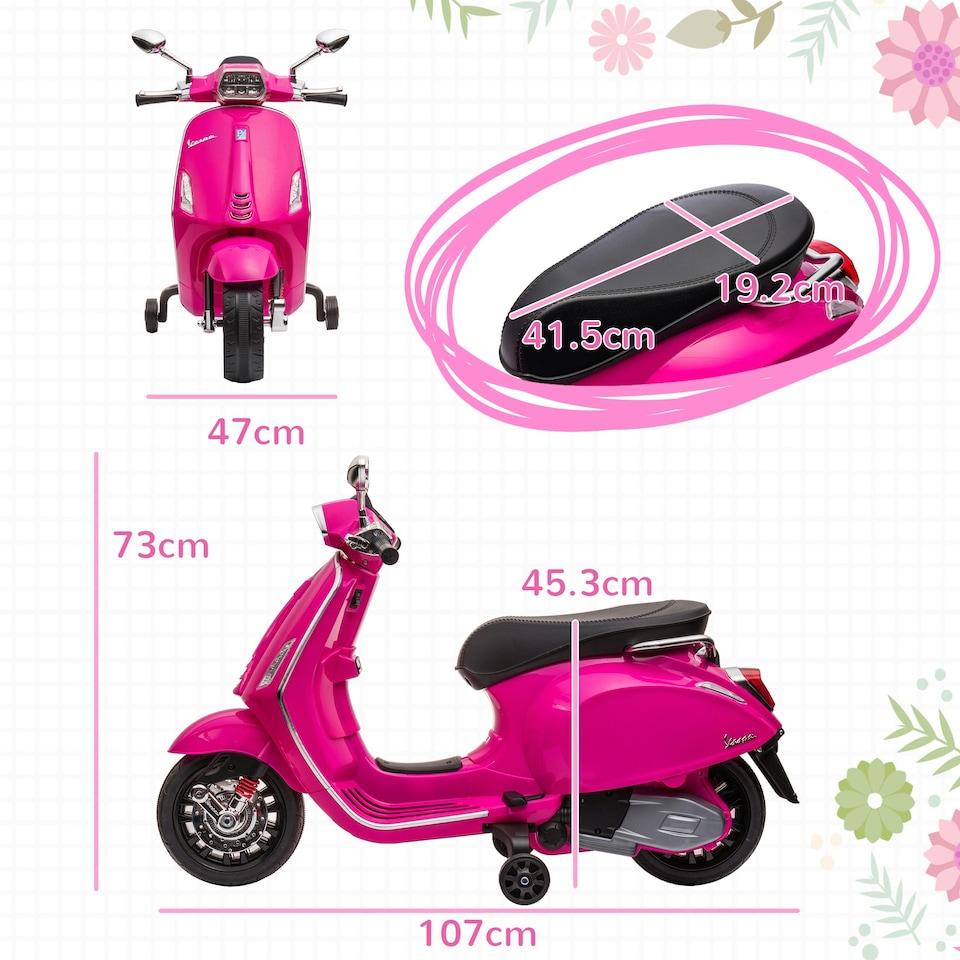 image 1 of AIYAPLAY Vespa Licensed 12V Kids Electric Bike w/ 2 Training Wheels, Pink