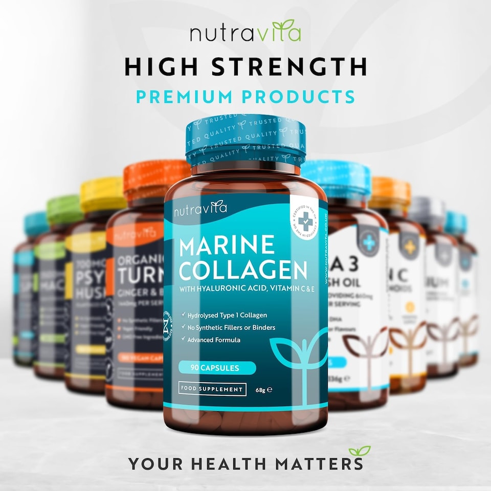 image 1 of Nutravita Marine Collagen 1000mg with Hyaluronic Acid 100mg - Hydrolysed Collagen, Vitamin C, Vitamin E, Vitamin B2, Zinc, Copper - 90 Capsules