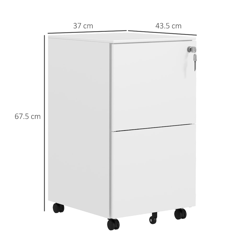 image 1 of Vinsetto 2-Drawer Vertical Filing Cabinet with Lock and 5 Wheels, Steel Mobile File Cabinet, for A4, Legal and Letter Size, Pre-Assembled Body, White