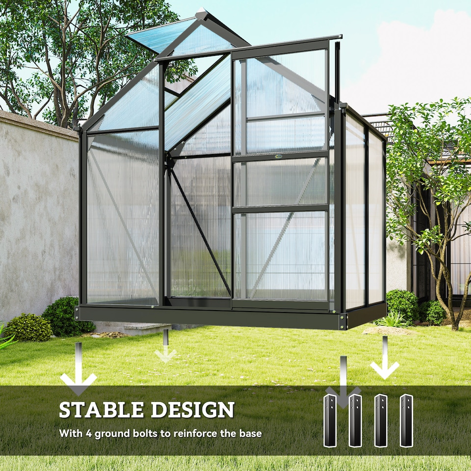 image 1 of Outsunny 6x4ft Walk-In Polycarbonate Greenhouse Plant Grow Galvanized Aluminium | Grey