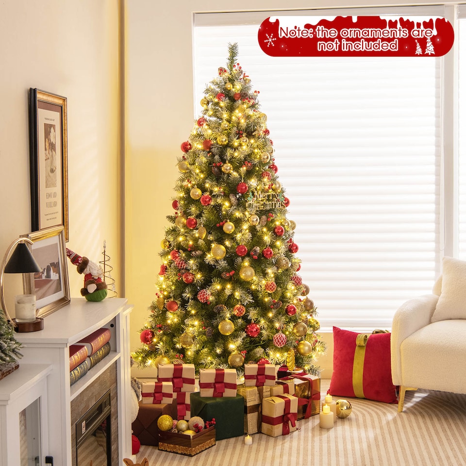 image 1 of COSTWAY 6.5FT Pre-lit Christmas Tree Artificial Hinged Xmas Tree with 909 Branch Tips