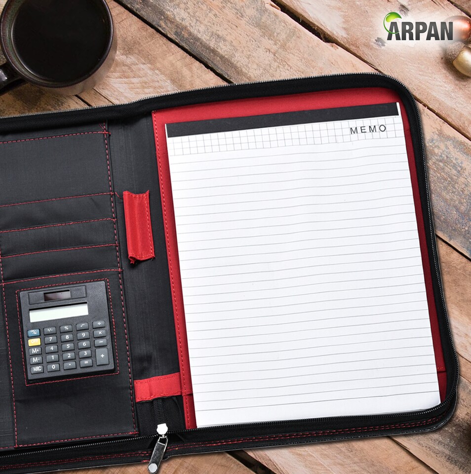 image 1 of A4 Zipped Conference Folder – Executive Portfolio with Calculator, Writing Pad, Pen Holder & Document Storage – Professional Faux Leather Business Organiser for Office, Meetings & Interviews