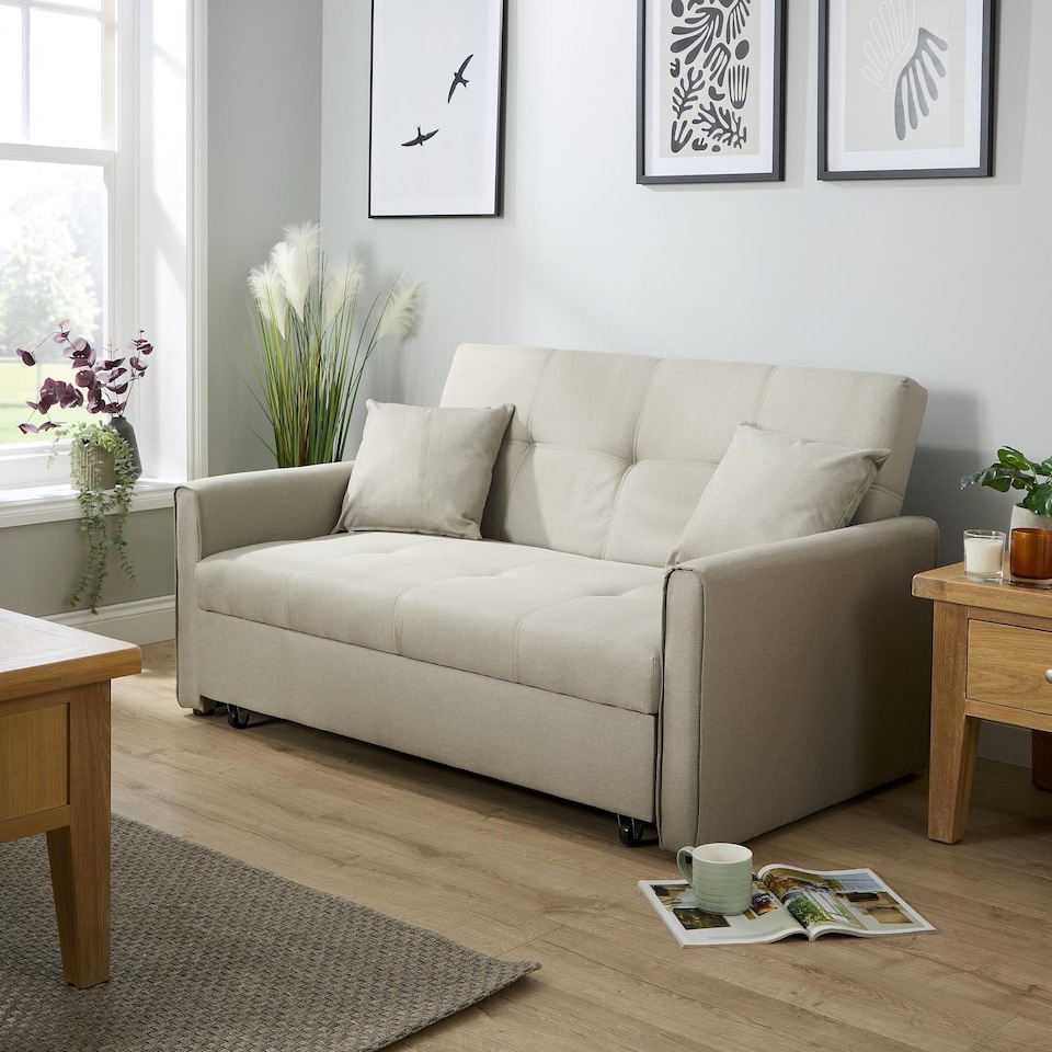image 1 of Linen Upholstered Two Seater Pull-Out Double Sofa Bed Chair | Cream | Beige