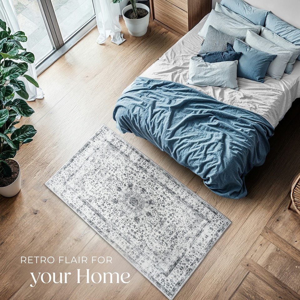 image 1 of Washable Rug Aliya - different sizes, oriental pattern, non-slip underside, non-allergenic short pile Grey | 150 x 80 cm