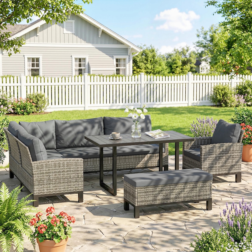 image 1 of Outsunny Rattan Garden Furniture Sofa Set, Outdoor Dining Set for 9, Grey | Grey | Dark Grey | 171 x 67 x 77 cm